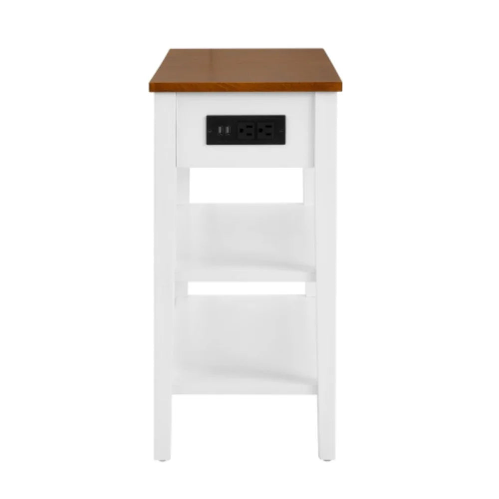 Narrow 2-tone End Table with USB Charging Ports, White and Walnut O807