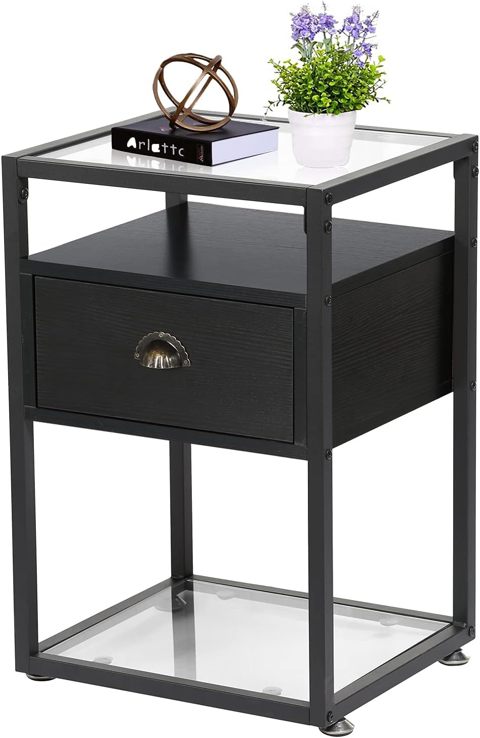 Brown+Black Tempered Glass Nightstand with Drawer G947