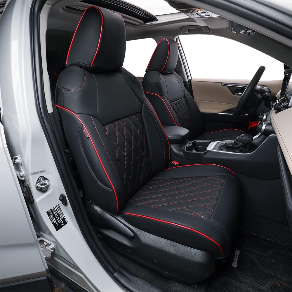 Custom Fit Full Set Car Seat Covers Leatherette Black with Red Piping H659759