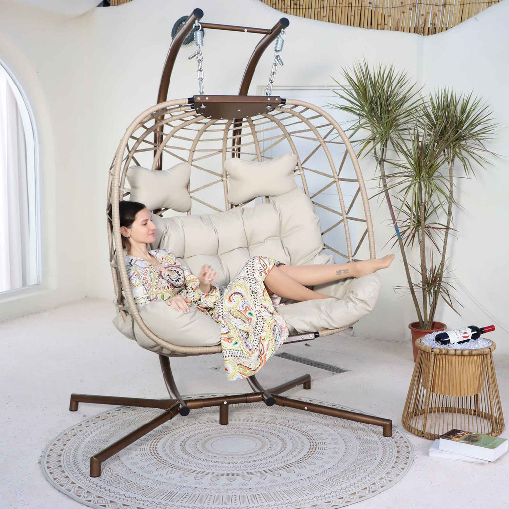 Foldable Brown PE Wicker Hanging Egg Chair with Stand Z655083