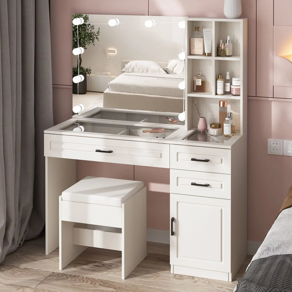White 45in Vanity Desk Set with Lighted Mirror and Glass Desktop C9283