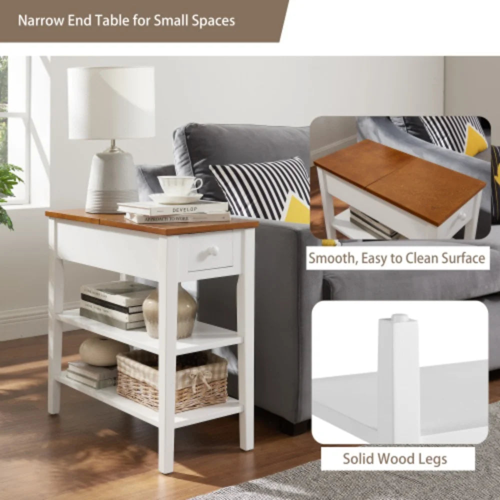 Narrow 2-tone End Table with USB Charging Ports, White and Walnut O807