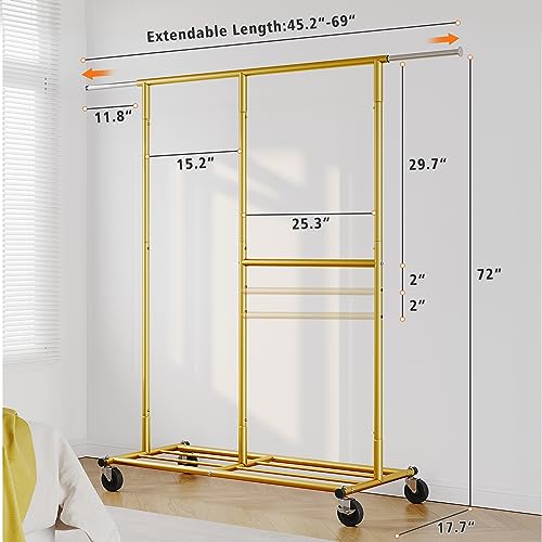 Gold Rolling Heavy Duty Clothes Rack with Wheels 17.7" D x 69.1" W x 71.9" H S85781