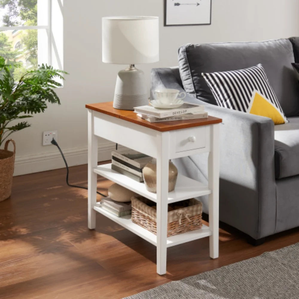 Narrow 2-tone End Table with USB Charging Ports, White and Walnut O807