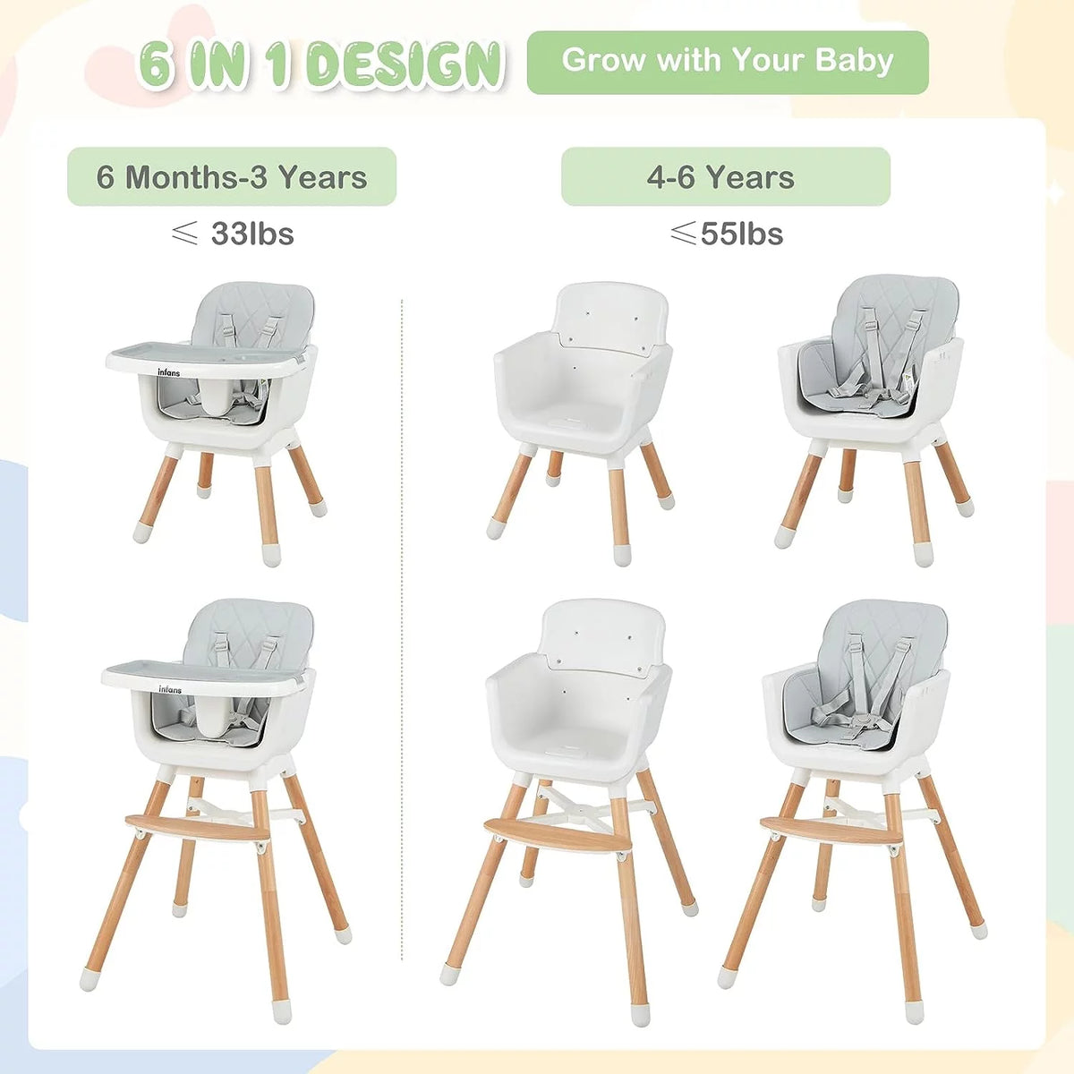 6 in 1 Convertible Wooden High Chair with Removable Tray J6305