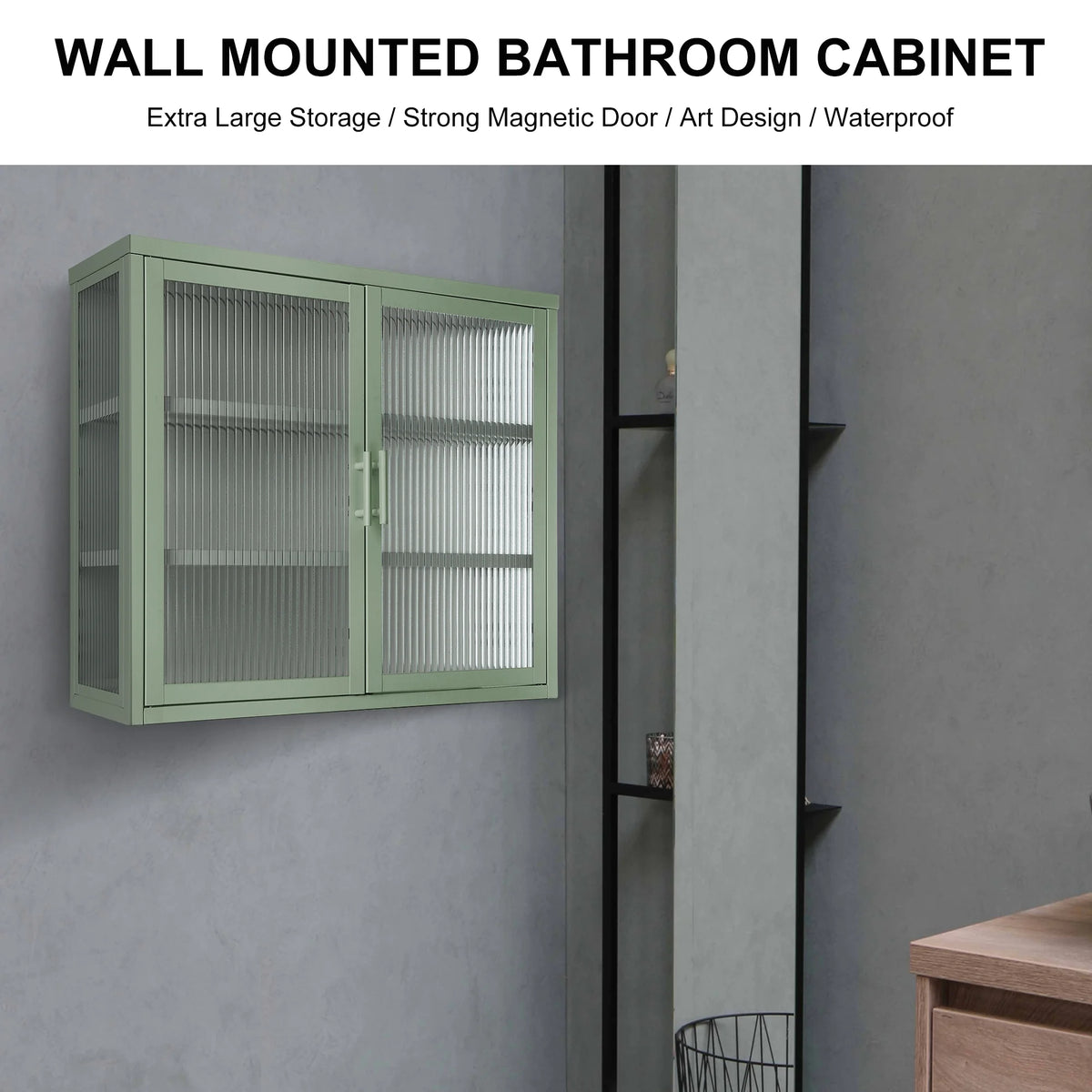 Mint Green Double Glass Door Wall Cabinet with Detachable Shelves T436356