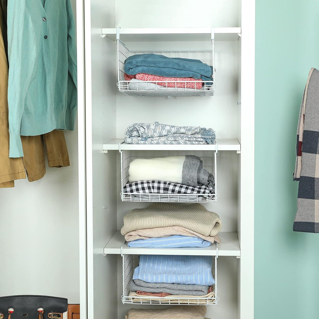 3-Tier Under Closet Shelf Basket Hanging Clothes Storage Organizer Metal Wire Rack with 2 hooks R3738