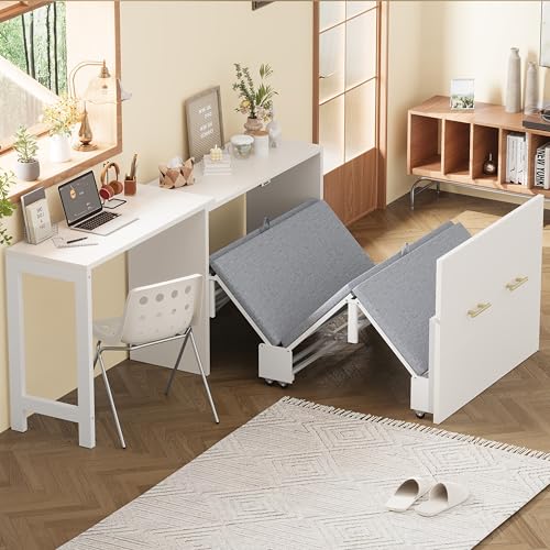 White Twin Folding Murphy Bed with Mattresses and Desk I9970