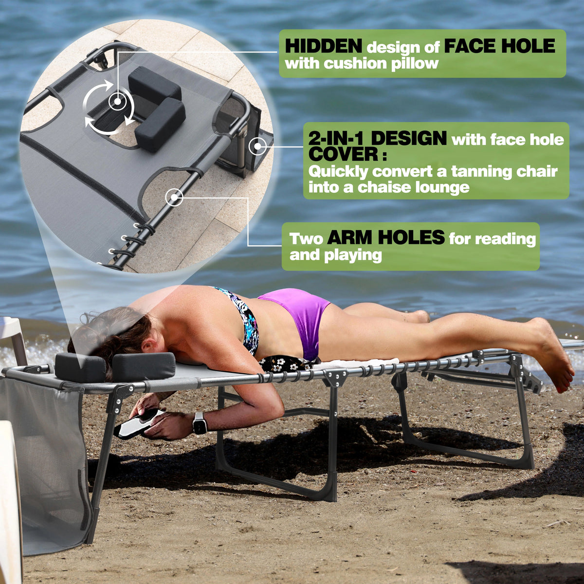 5-Position Adjustable Tanning Chair with Face & Arm Hole A147374