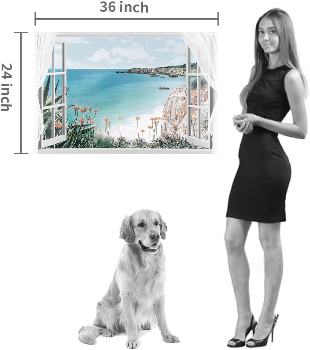 Blue Ocean Beach Window Canvas Art 36'' x 24'' I820652