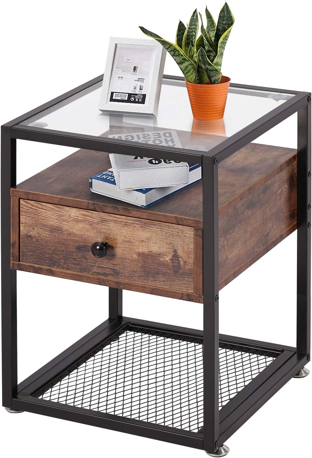 Brown+Black Tempered Glass Nightstand with Drawer G947