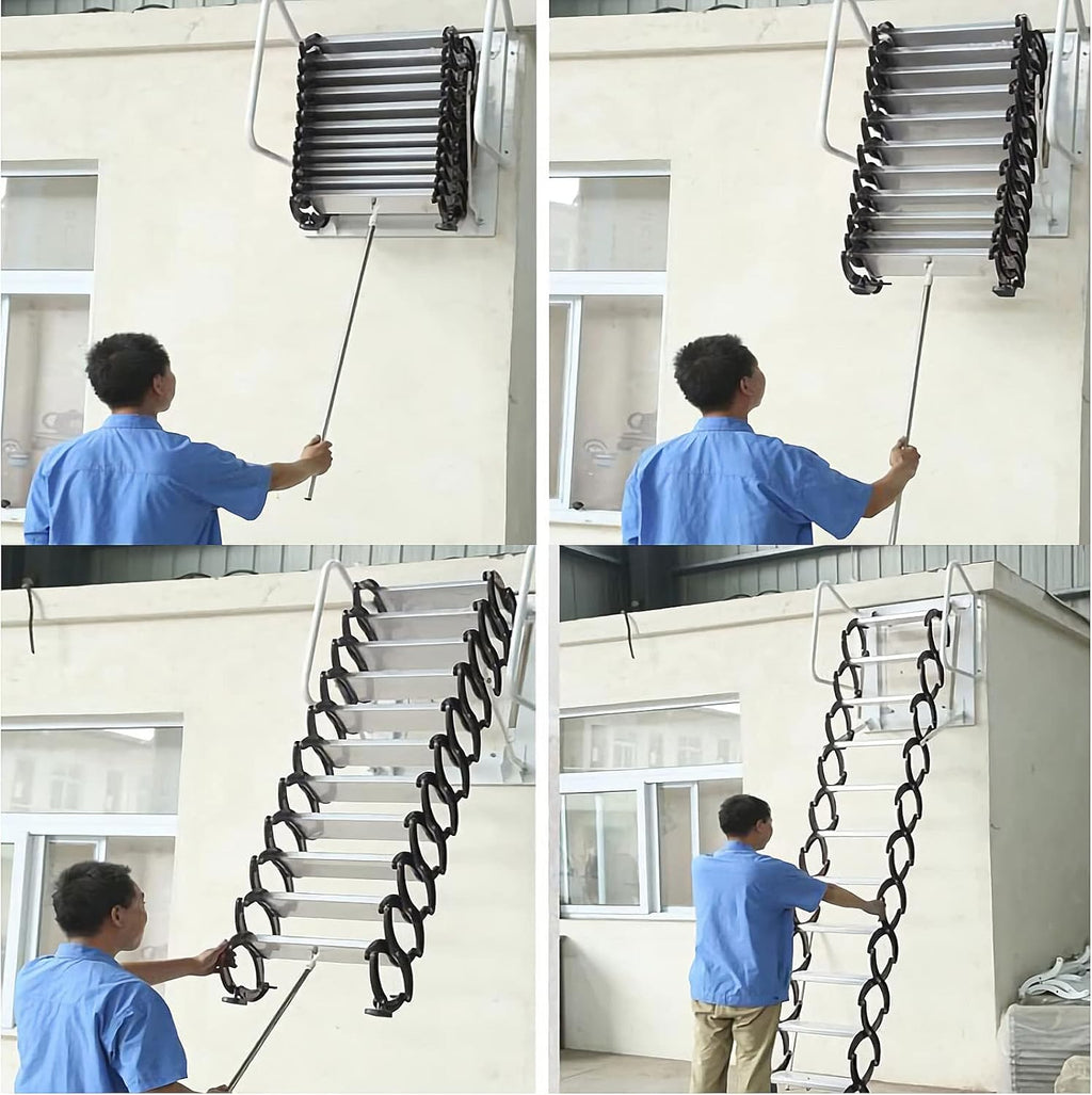 Blue 9.8ft Al-Mg Alloy Folding Attic Ladder with Armrests M719320