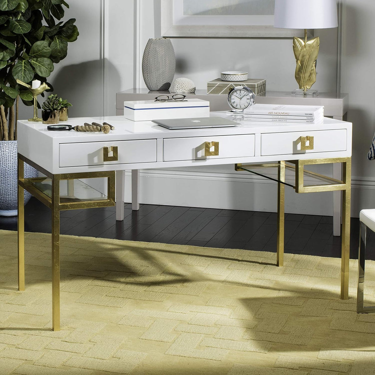 White Lacquer and Gold Leaf 3-drawer Writing Desk J50177