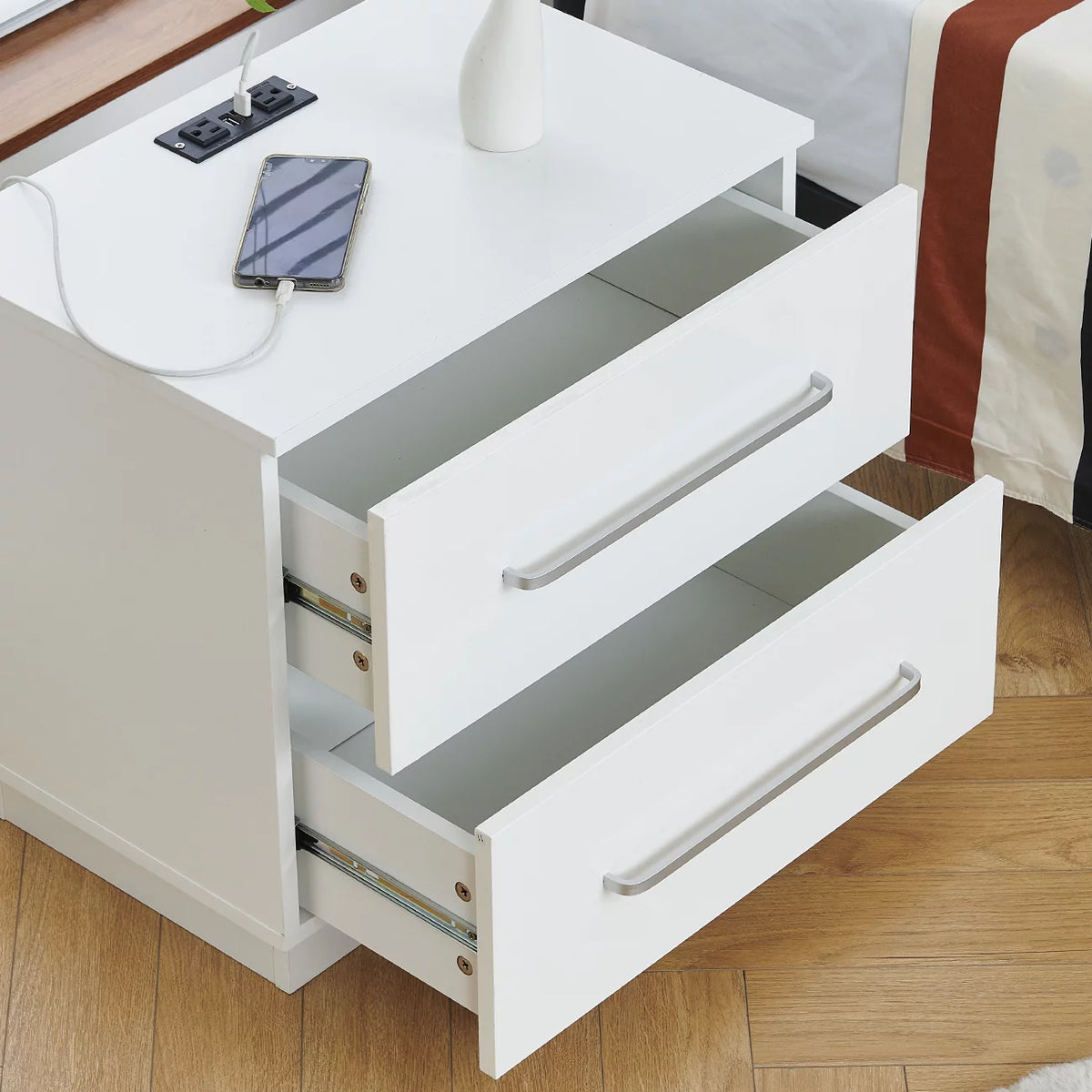 White High Gloss End Table with Charging Station and Storage Drawer O24834