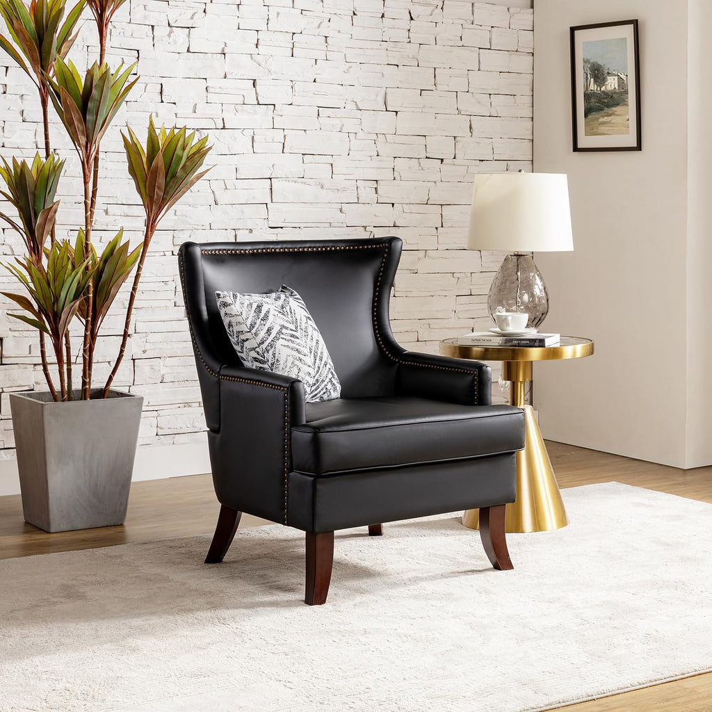 Black Faux Leather Wingback Accent Chair with Nailhead Trim P486030