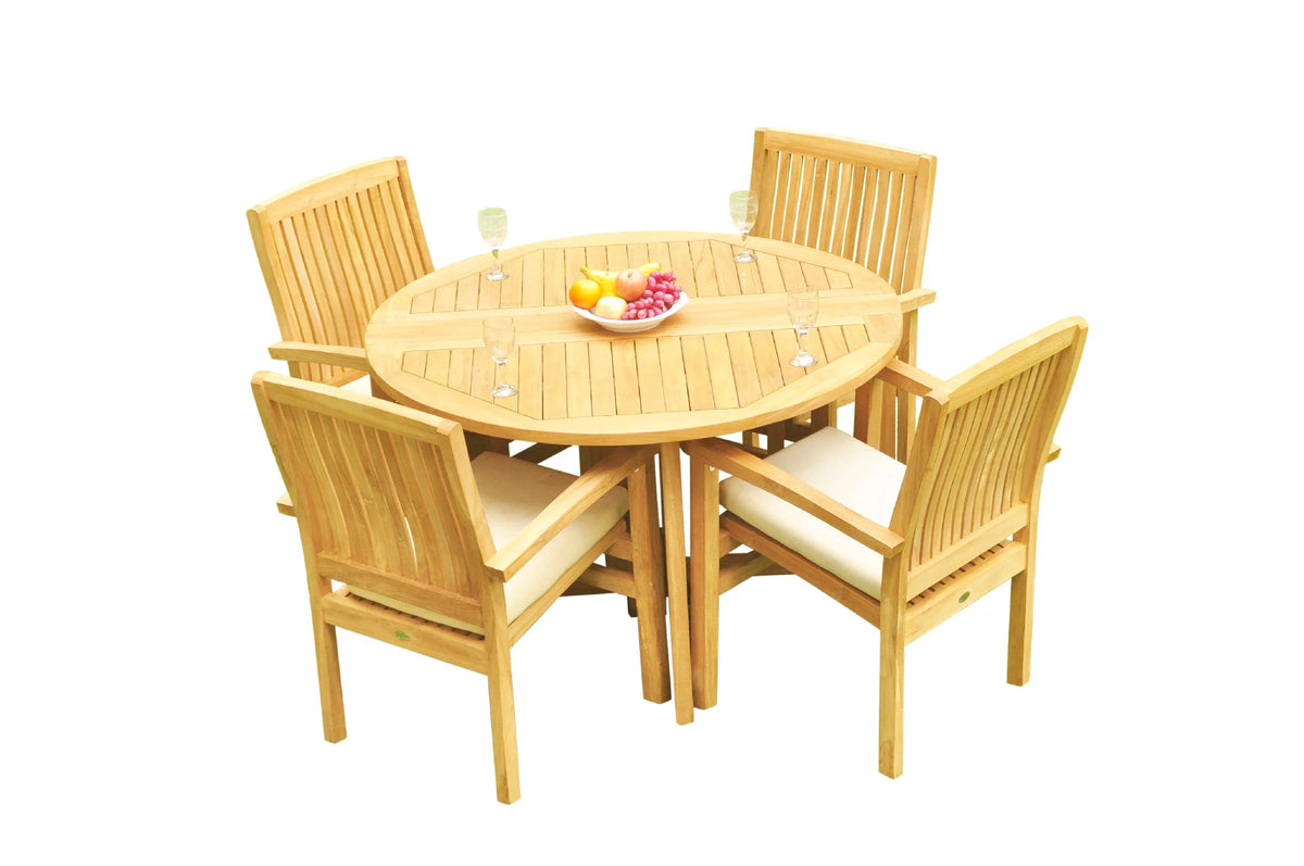 Grade-A Teak 5 Pc Dining Set with 48" Round Butterfly Table and 4 Stacking Arm Chairs Y4546