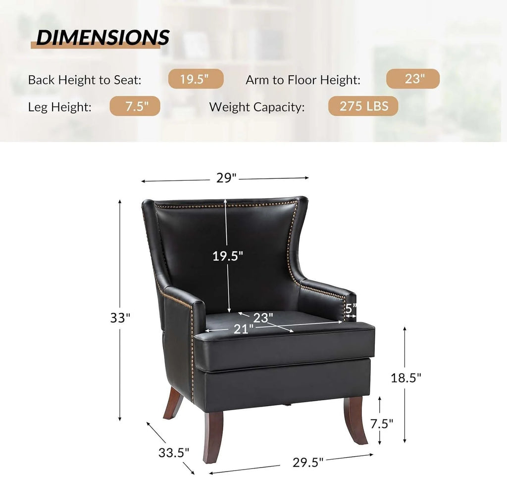 Black Faux Leather Wingback Accent Chair with Nailhead Trim P486030