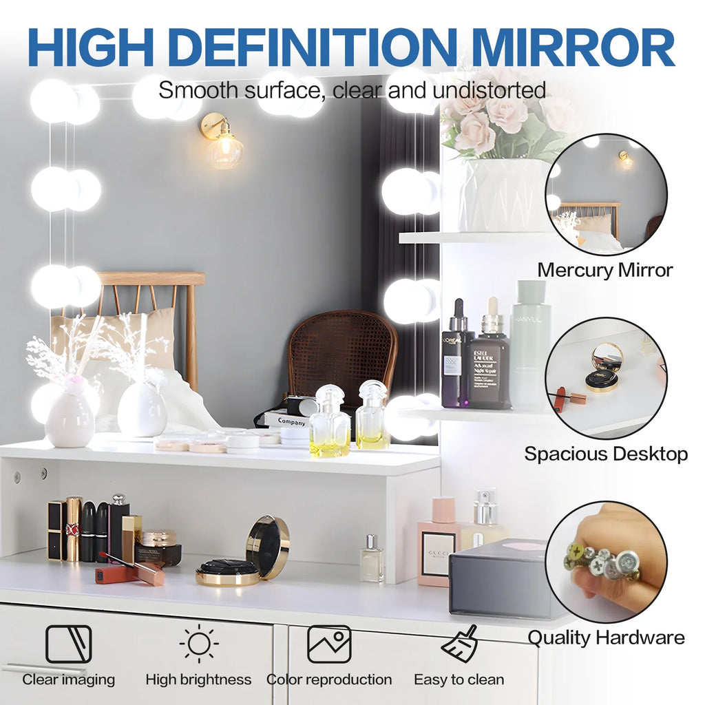 White Makeup Vanity Desk with Lighted Mirror and Stool Y953876