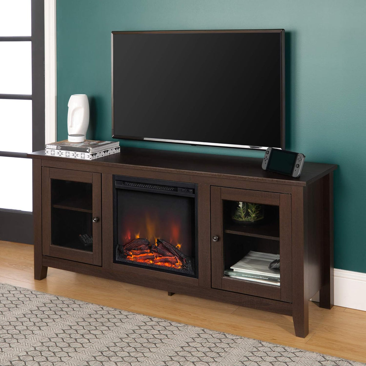 Rustic Wood and Glass Fireplace TV Stand, 58 Inch, Traditional Brown Z137