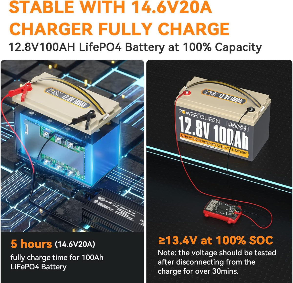12.8V 100Ah LiFePO4 Battery with 14.6V 20A LiFePO4 Battery Charger A1924