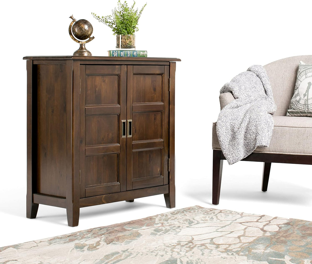 Solid Wood Low Storage Cabinet in Mahogany Brown, 2 Doors, 2 Adjustable Shelves W87617