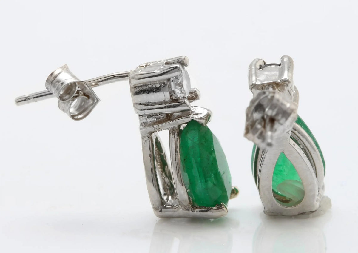 14K Solid White Gold Stud Earrings with Natural Emerald and Diamond N8969