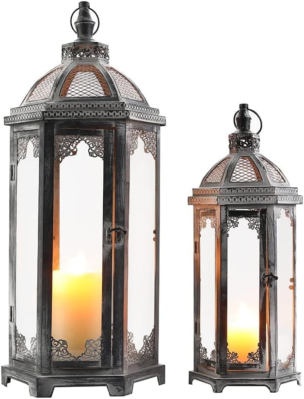 Set of 2 Hanging Metal Candle Lanterns with Tempered Glass, Dark Cement Color P575