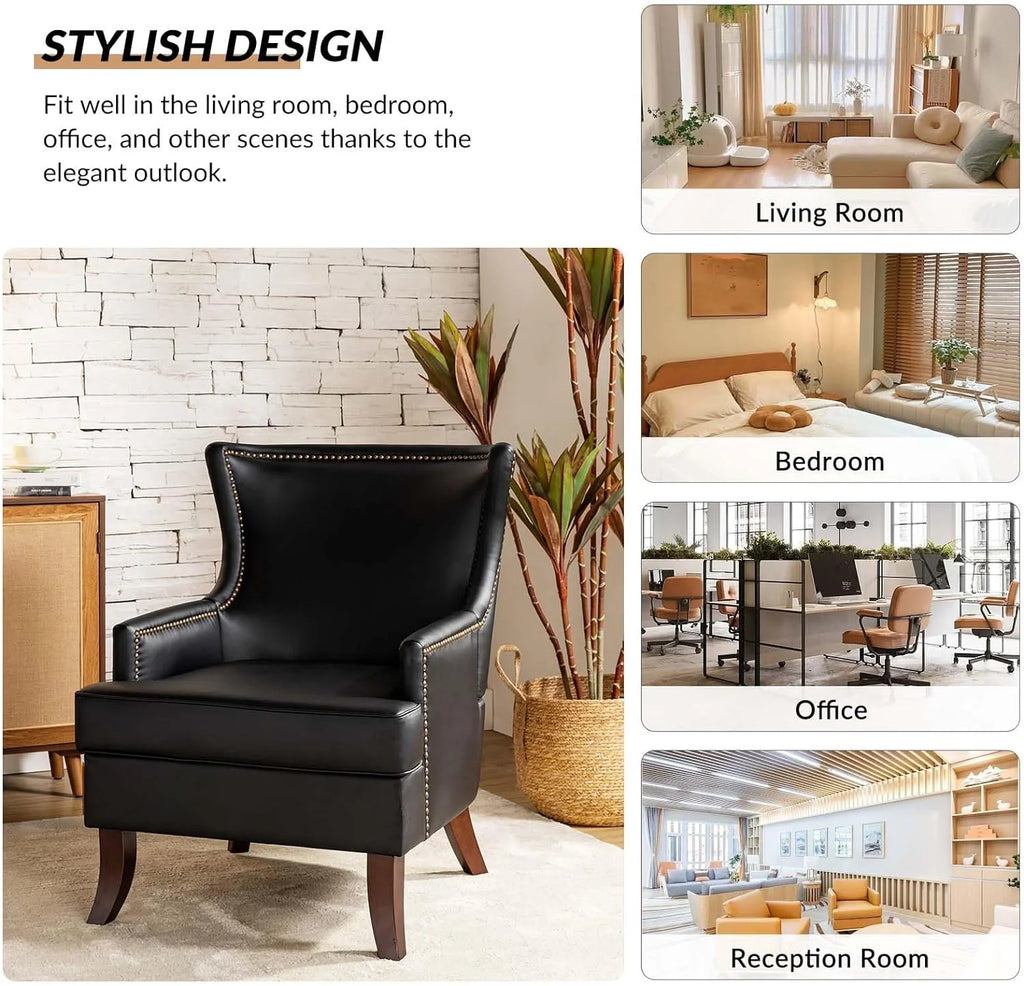 Black Faux Leather Wingback Accent Chair with Nailhead Trim P486030