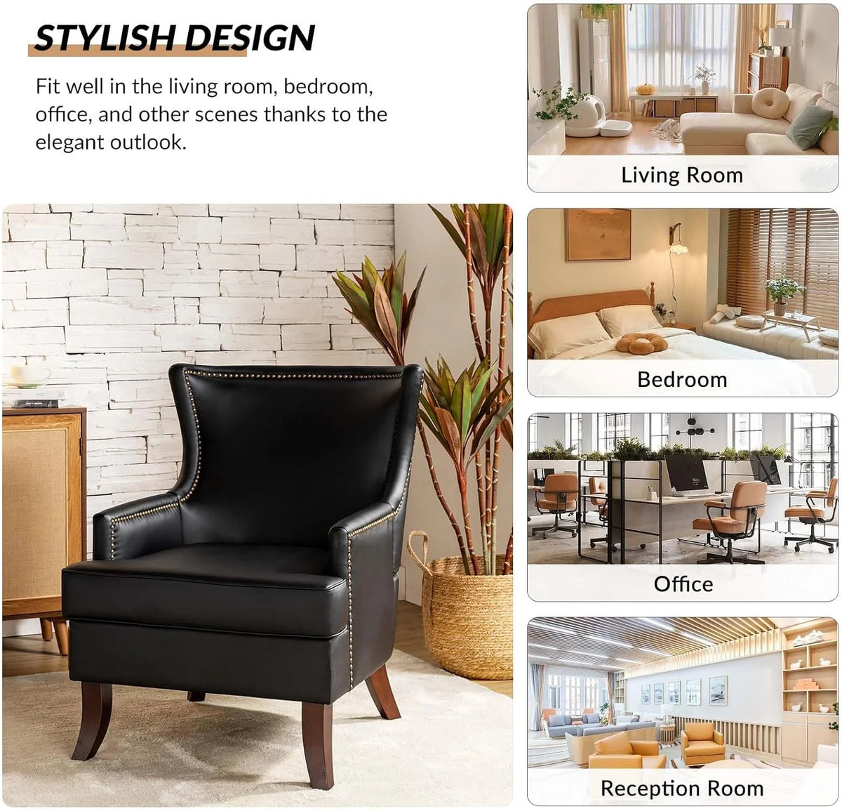 Black Faux Leather Wingback Accent Chair with Nailhead Trim P486030