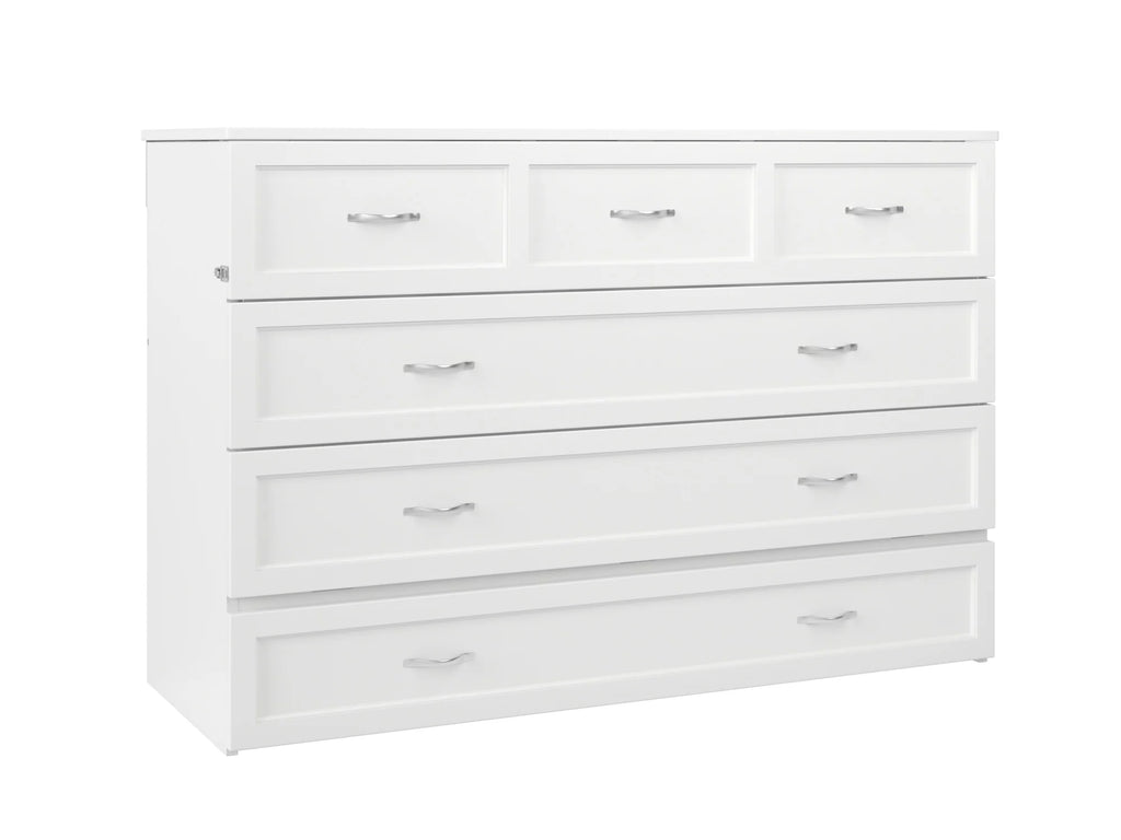 Queen Solid Wood Murphy Bed Chest with Mattress, Drawer & Charger, White Y60641