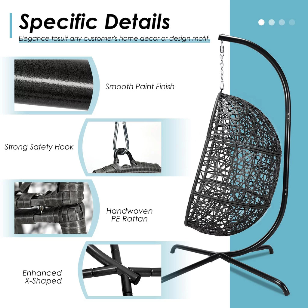 Oversized Black Hanging Swing Egg Chair with Stand and Beige Set J860