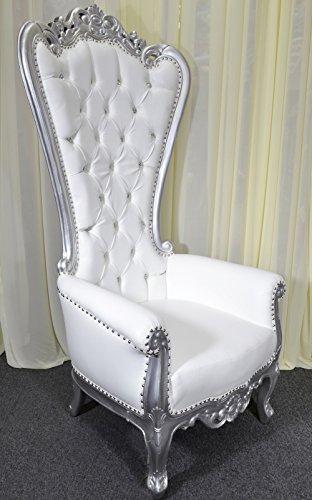 Silver Baroque Hand Carved Throne Chair with White Vinyl W359223
