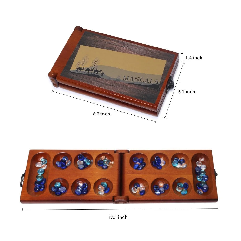 Mancala Board Game Set with Rubber Wood Board, Stones Storage Bag & Instructions. A45050
