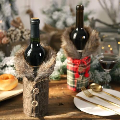 4Pcs Christmas Wine Bottle Cover Linen Plaid V9554