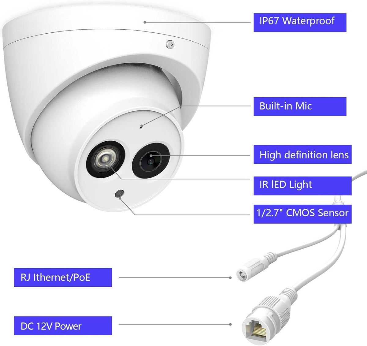 6MP PoE IP Security Camera Outdoor with Built-in-Mic, 3.6mm All-Metal Dome, 164ft IR Night Vision, IP67 H.265+ WDR 3D DNR X5804