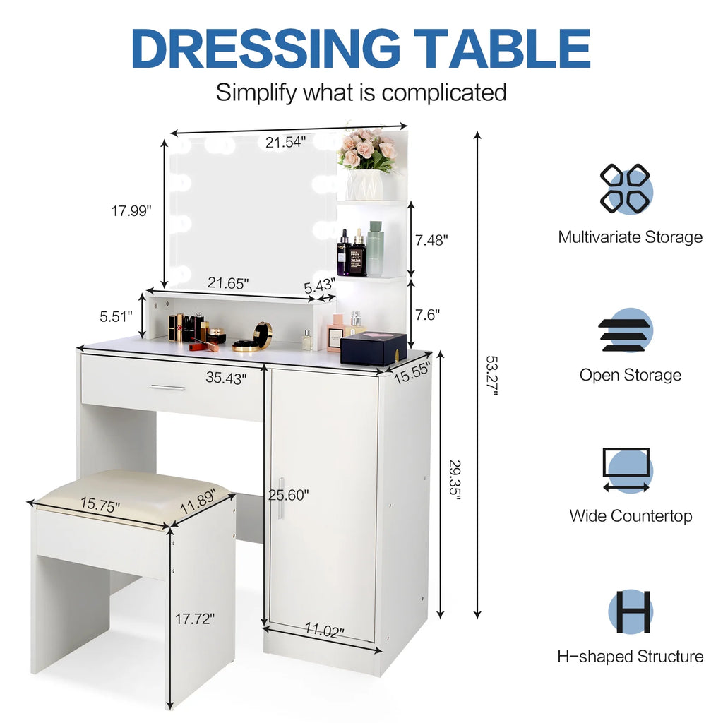 White Makeup Vanity Desk with Lighted Mirror and Stool Y953876