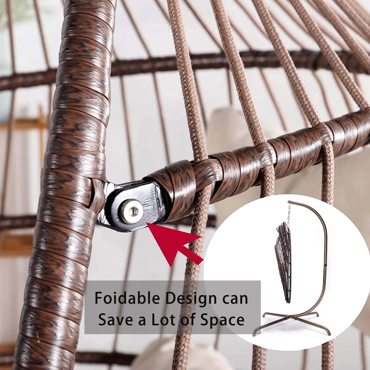Foldable Brown PE Wicker Hanging Egg Chair with Stand Z655083