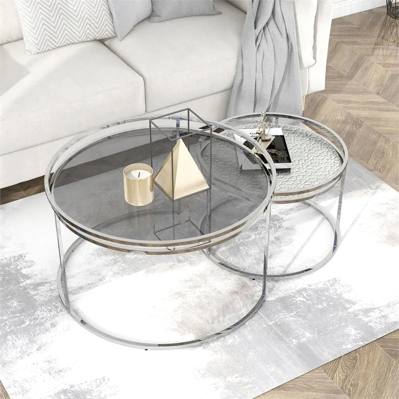 Metal Glass Top 2-Piece Nesting Tables Set in Gray F465