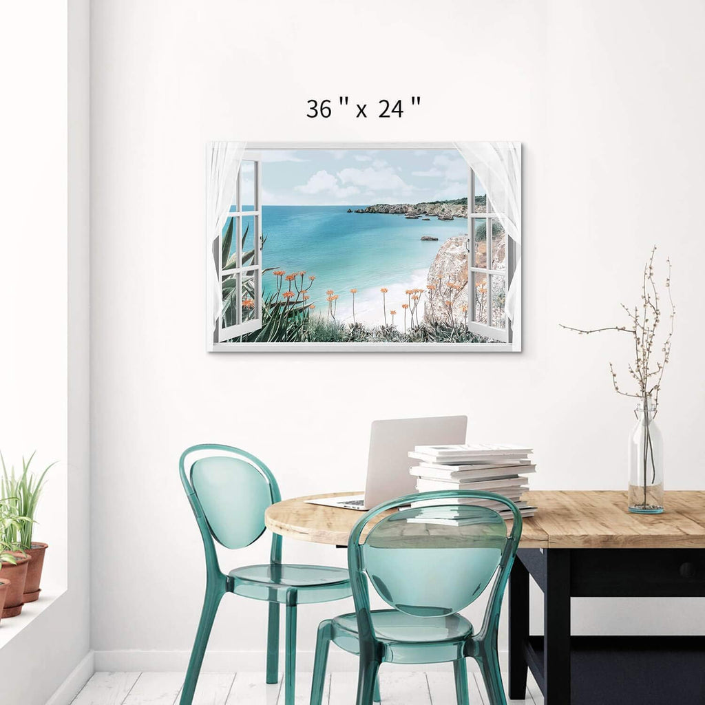 Blue Ocean Beach Window Canvas Art 36'' x 24'' I820652