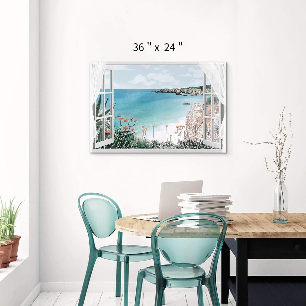 Blue Ocean Beach Window Canvas Art 36'' x 24'' I820652