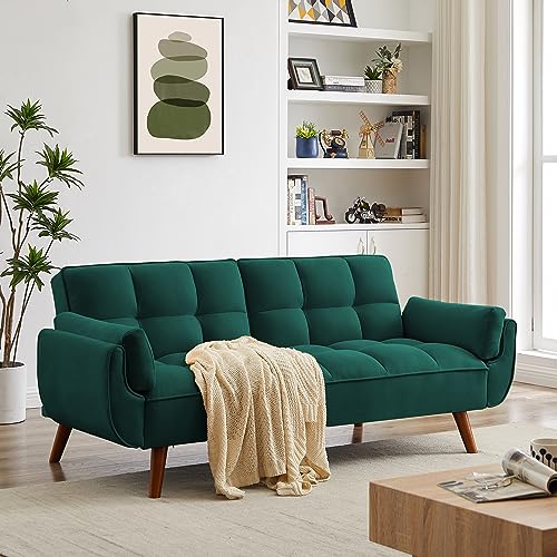 76 Inch Tufted Linen Fabric Convertible Sleeper Sofa with Adjustable Positions and Solid Wooden Legs, Yellow S337