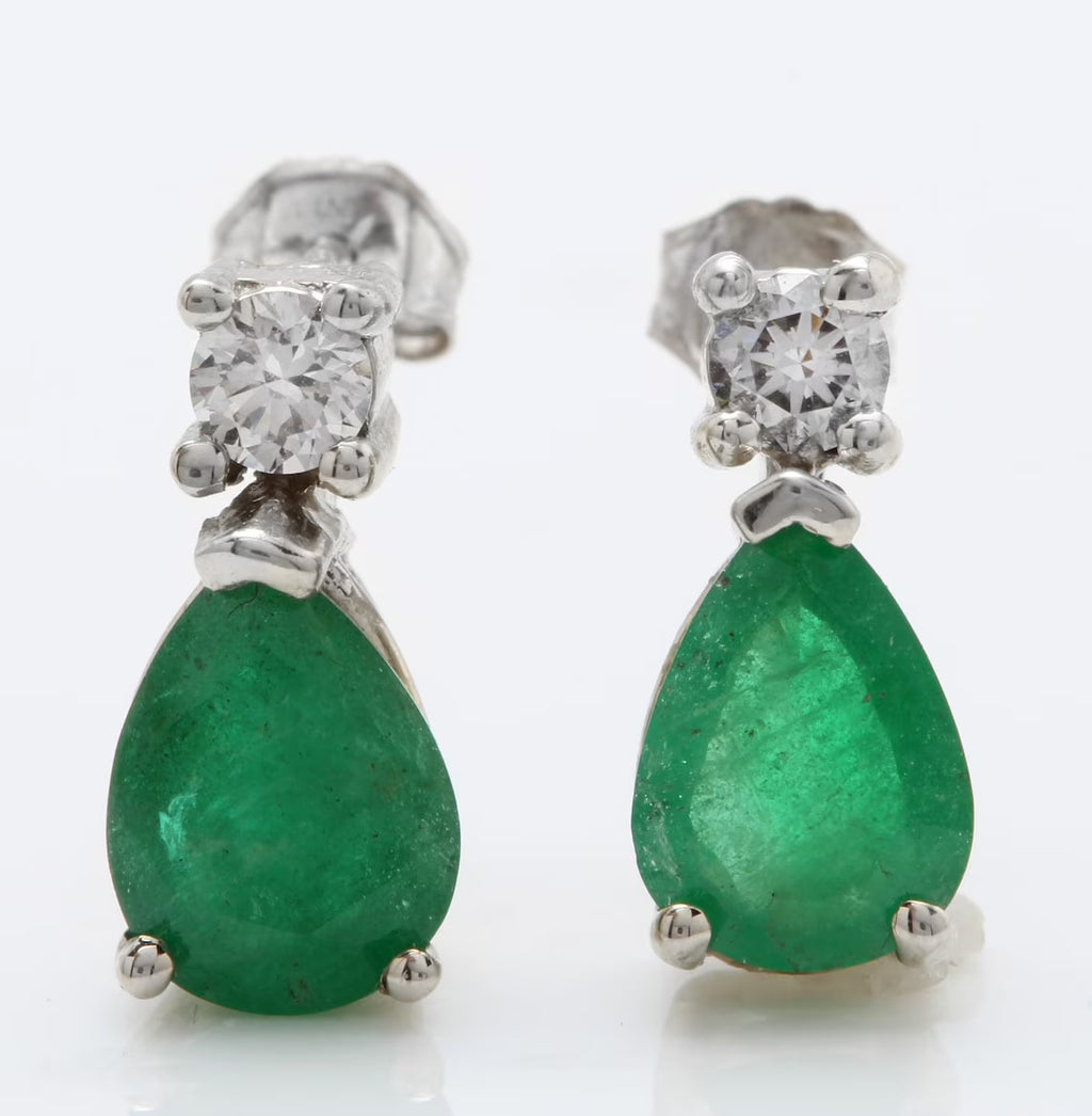 14K Solid White Gold Stud Earrings with Natural Emerald and Diamond N8969