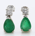 14K Solid White Gold Stud Earrings with Natural Emerald and Diamond N8969