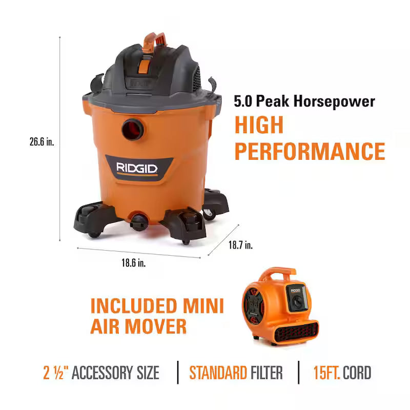 12 Gallon 5.0 Peak HP Wet/Dry Shop Vacuum with Blower Fan J893