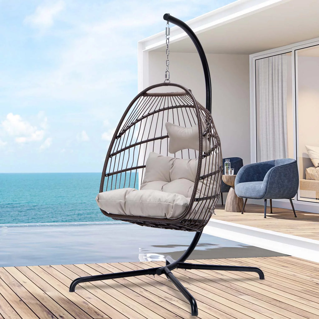 Foldable Brown PE Wicker Hanging Egg Chair with Stand Z655083