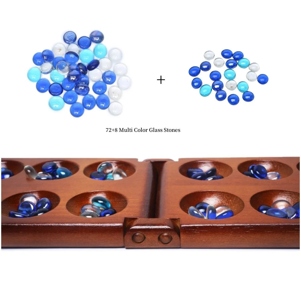 Mancala Board Game Set with Rubber Wood Board, Stones Storage Bag & Instructions. A45050