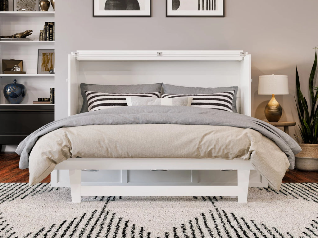 Queen Solid Wood Murphy Bed Chest with Mattress, Drawer & Charger, White Y60641