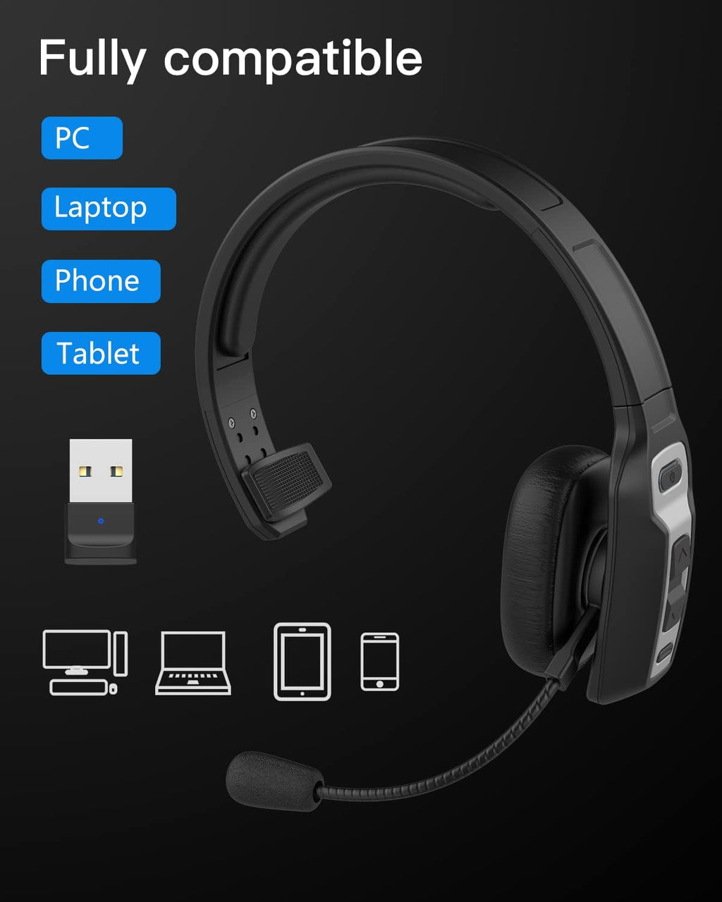 Bluetooth Headset with USB Dongle, Single-Ear Wireless Headset with Noise Cancelling Microphone X592