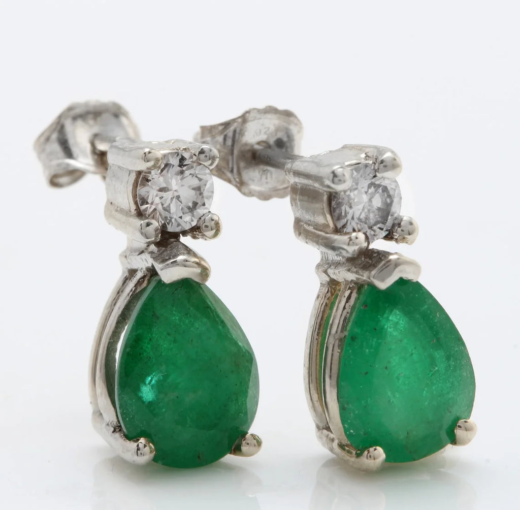 14K Solid White Gold Stud Earrings with Natural Emerald and Diamond N8969