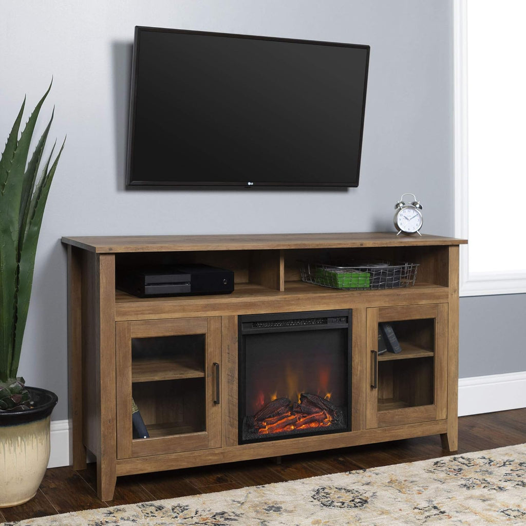 Rustic Wood and Glass Fireplace TV Stand, 58 Inch, Traditional Brown Z137